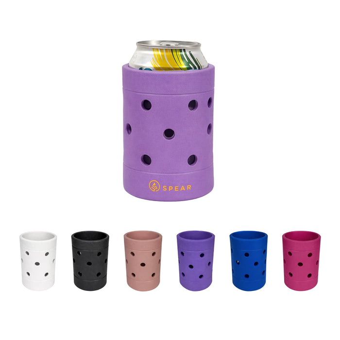 EVA Holes Stubby Holder - A drink bottle holder in purple with multiple holes, surrounded by holders in black, white, pink, and blue.