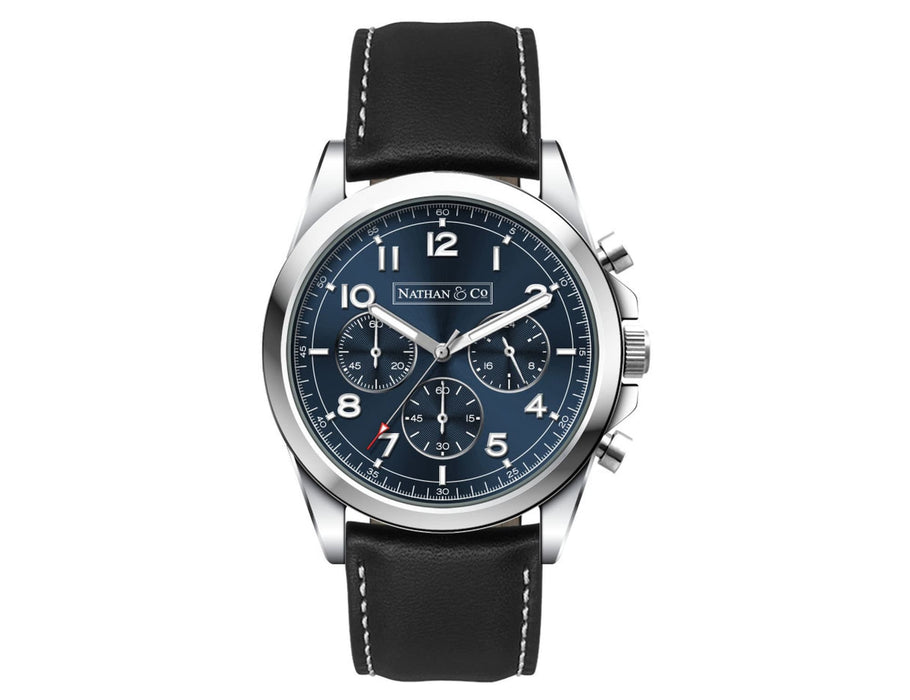 Chrono Unisex Watch, Leather Strap - A silver chronograph watch with a blue dial and black leather strap, featuring white stitching and a logo.
