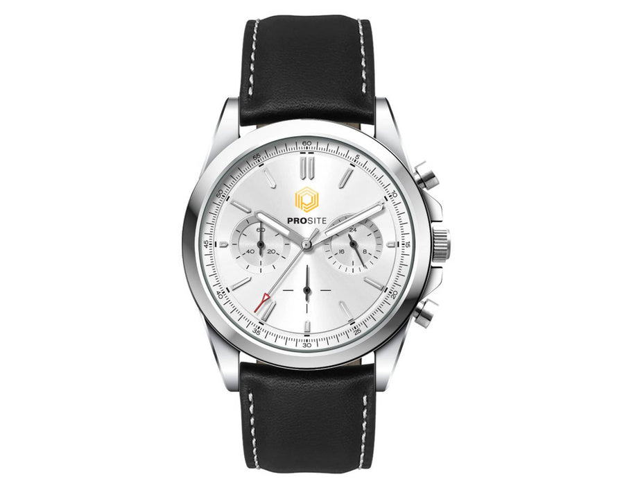 Chrono Unisex Watch, Leather Strap - A silver chronograph watch with a leather strap and a branded logo. The design features a clean, modern aesthetic.