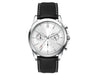Chrono Unisex Watch, Leather Strap - A unisex watch with a silver face and black leather strap, featuring chronograph details and a logo.