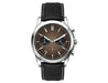 Chrono Unisex Watch, Leather Strap - A brown chronograph watch with a silver case and black leather strap, featuring a branded logo.