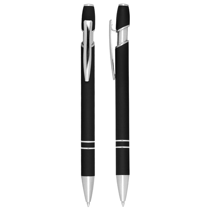 Talara Click Action Ballpoint Pen - A black ballpoint pen with silver accents and a clip, featuring a sleek click-action mechanism.