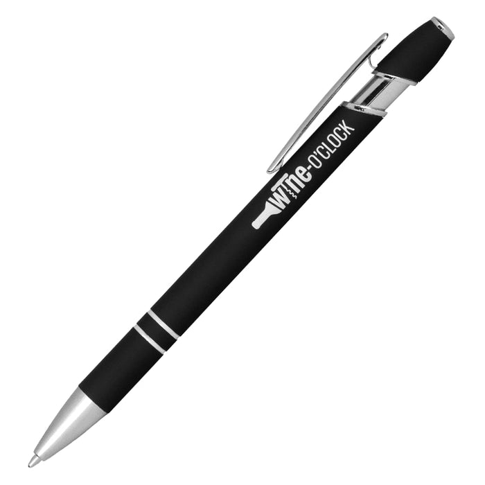Talara Click Action Ballpoint Pen - A black Talara Click Action Ballpoint Pen with silver accents and a logo on the barrel.