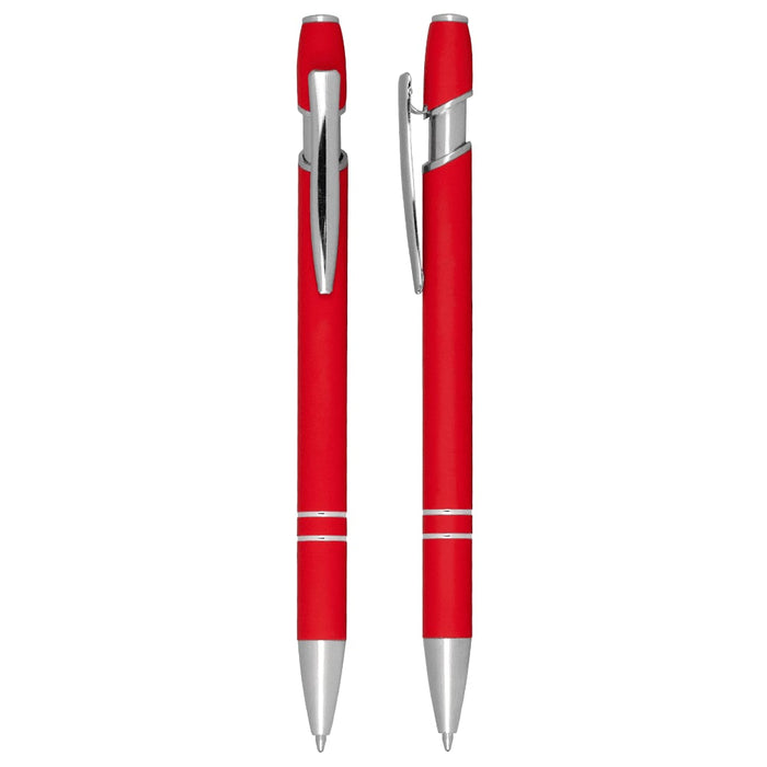 Talara Click Action Ballpoint Pen - A red ballpoint pen with silver accents and a click action mechanism. Features a clip and sleek design.