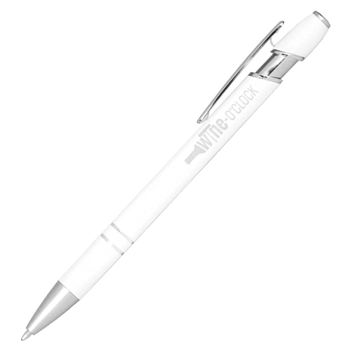 Talara Click Action Ballpoint Pen - A white ballpoint pen with a silver clip and accents, featuring a logo. Ideal for writing and promotional use.
