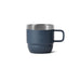 Stackable Stainless Steel Mug - A stackable stainless steel mug in navy blue with a silver rim and a side handle. It has a sleek, modern design.