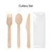 Pack of 100 Per Pack Disposable Wooden Cutlery - (Forks /Spoons/Knives/2 in 1 Spoon and fork)-(Big) - A pack of disposable wooden cutlery including forks, spoons, and knives in natural wood colour, packaged with a clear sleeve.