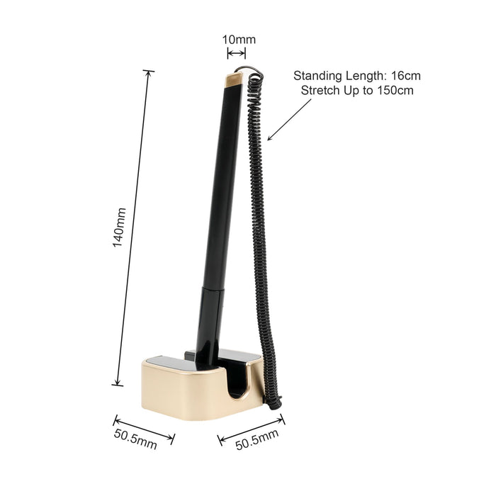 Counter Fixed Signature Pen E - A fixed signature pen in black with a gold base, featuring a retractable cord measuring up to 150cm.