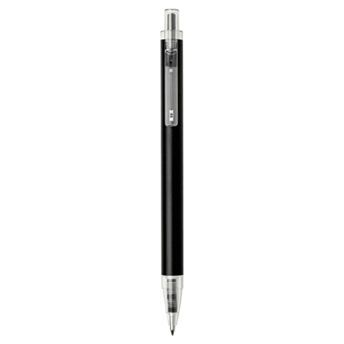 Spectrum Recycled Aluminium Ballpoint Pen - A black recycled aluminium ballpoint pen with a silver clip and accents, featuring a logo on its barrel.