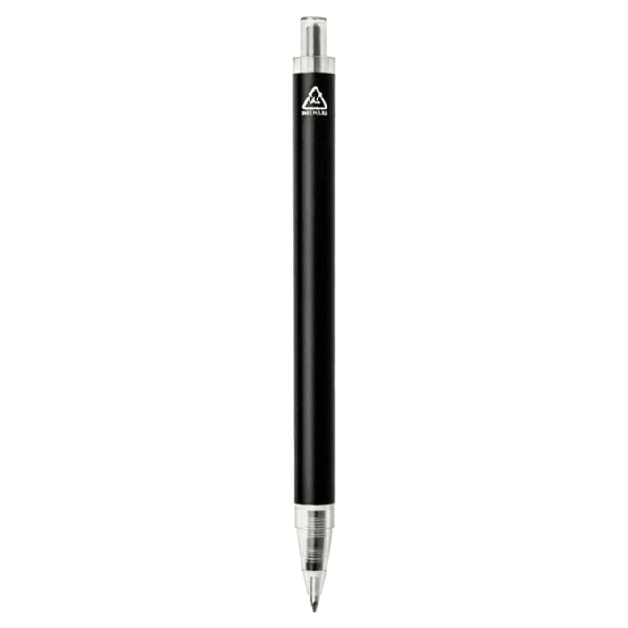 Spectrum Recycled Aluminium Ballpoint Pen - A black aluminium ballpoint pen with a clear tip and a logo on the body.