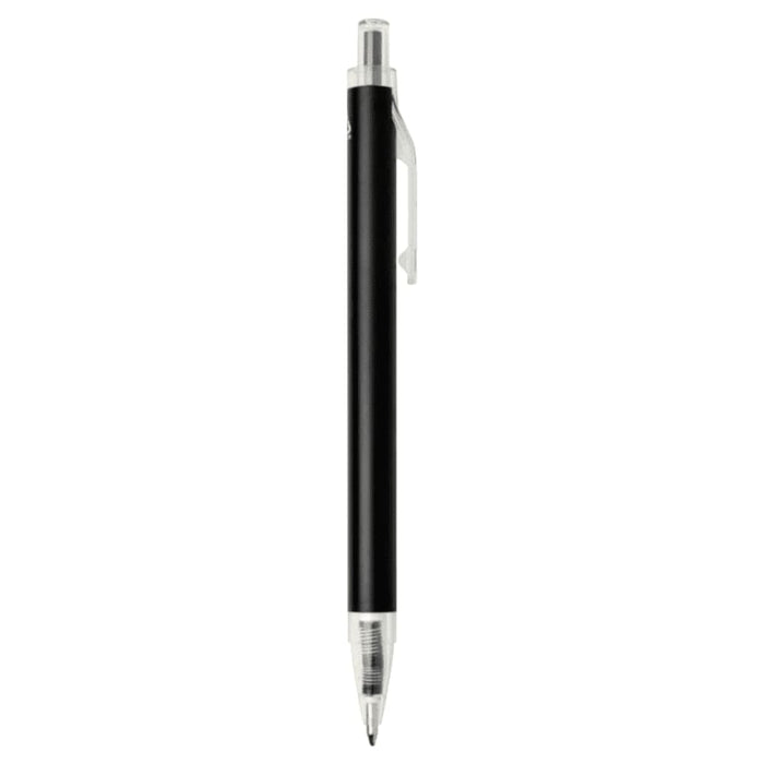 Spectrum Recycled Aluminium Ballpoint Pen - A black recycled aluminium ballpoint pen with a silver clip and tip, featuring a branding logo.
