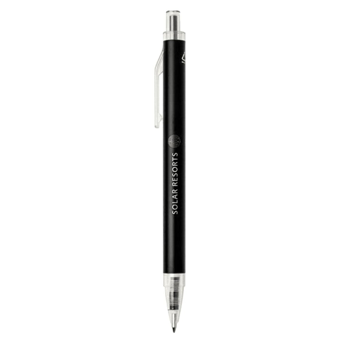 Spectrum Recycled Aluminium Ballpoint Pen - A black recycled aluminium ballpoint pen with a clip and a logo on the barrel.