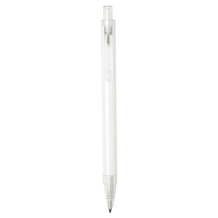 Spectrum Recycled Aluminium Ballpoint Pen - A recycled aluminium ballpoint pen in white, featuring a clear plastic section and a clip, with branding.