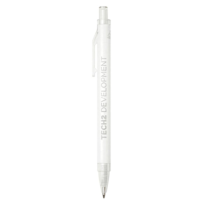Spectrum Recycled Aluminium Ballpoint Pen - A recycled aluminium ballpoint pen in white, featuring a clear barrel and a clip. It has a logo on the side.