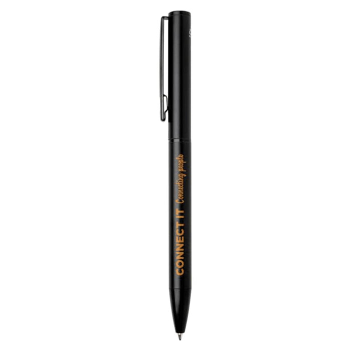 Verton Recycled Aluminium Twist Ballpoint Pen - A black ballpoint pen with a glossy finish and a clip, featuring branding on the barrel.