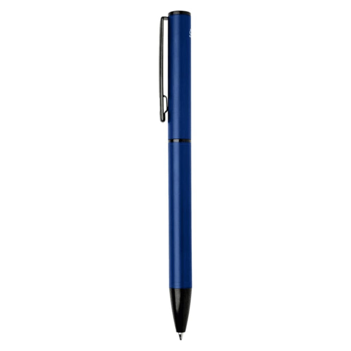 Verton Recycled Aluminium Twist Ballpoint Pen - A blue recycled aluminium twist ballpoint pen with a clip and black tip. The pen features a branding logo.
