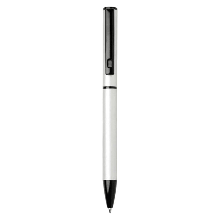 Verton Recycled Aluminium Twist Ballpoint Pen - A black and white twist ballpoint pen made from recycled aluminium, featuring a logo on the barrel.
