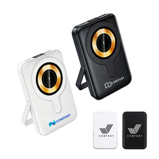 10000mAh Magnetic Wireless  Power Bank with Phone Stand - A magnetic wireless power bank in black and white, featuring a phone stand and a logo on each device.