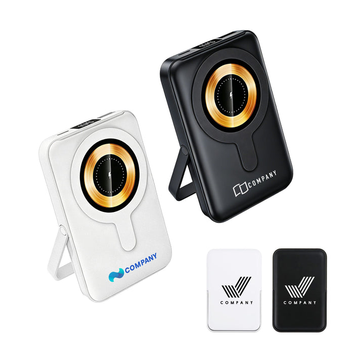10000mAh Magnetic Wireless  Power Bank with Phone Stand - A magnetic wireless power bank in black and white, featuring a phone stand and a logo on each device.