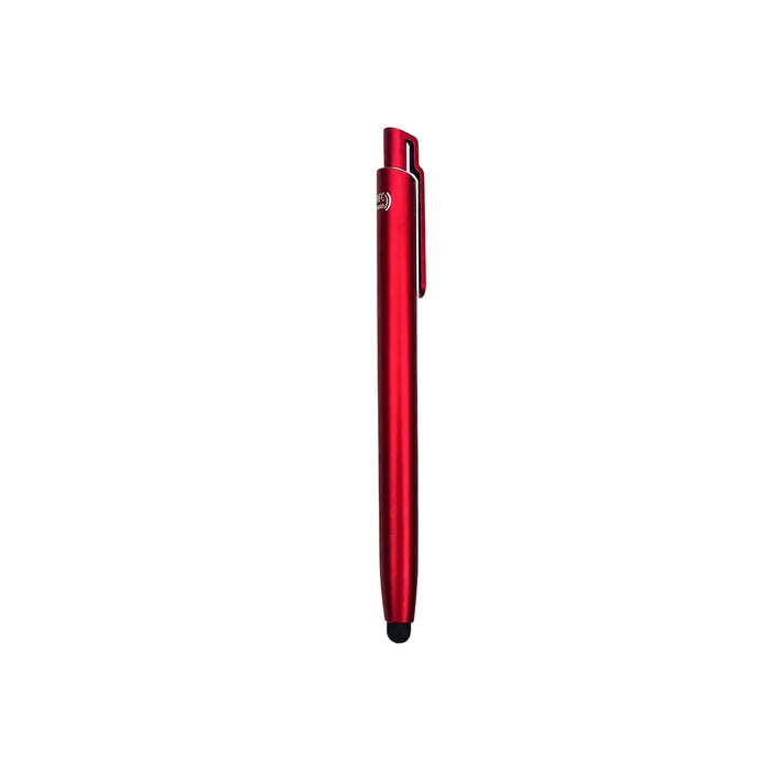 NFC Touchscreen Ballpoint Pen - A red NFC touchscreen ballpoint pen with a sleek design and a clip. It features a logo on its body.