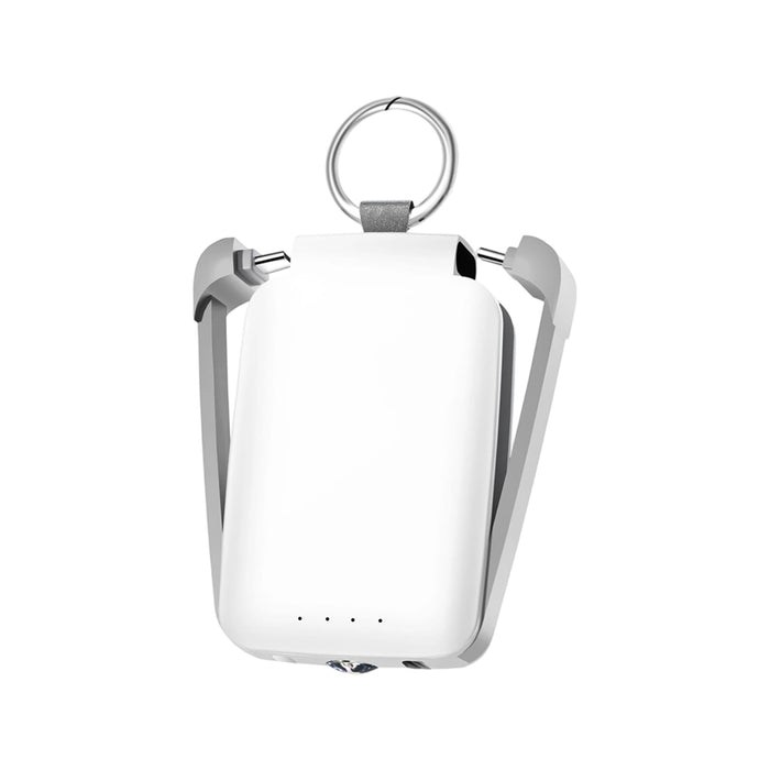 Mini Power Bank with Flashlight - A white mini power bank with a flashlight and a keyring attachment. It features a sleek design and indicator lights.