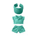Plush Doll Racing Suit Set (15–17cm Doll) - A turquoise racing suit set for 15–17cm dolls, featuring a visor, polo shirt, and shorts. It includes a logo.