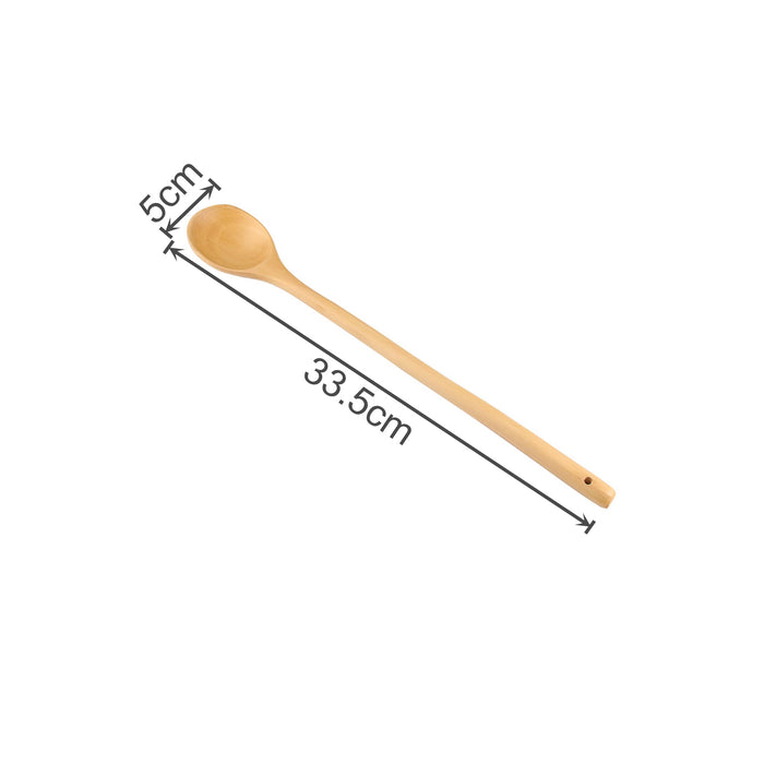 Long Handle Wooden Spoon - A long handle wooden spoon in a light wood finish, measuring 33.5cm in length and 5cm at the spoon end.
