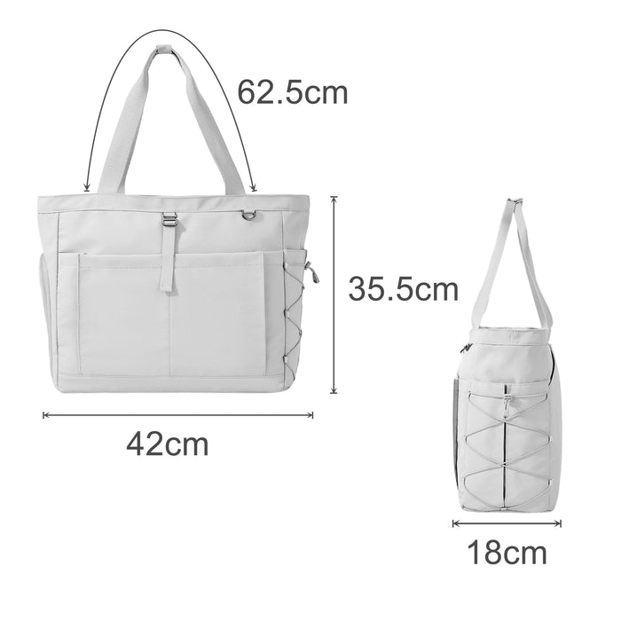 Lightweight Tennis Tote Bag - A lightweight white tennis tote bag with adjustable straps, featuring multiple compartments and a logo. Dimensions included.