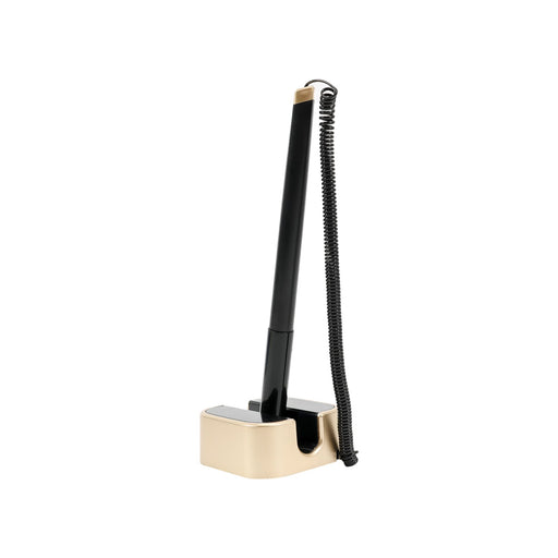 Counter Fixed Signature Pen E - A fixed signature pen in black, mounted on a beige base with a coiled cord attached.