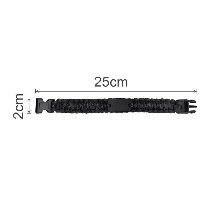 Paracord Bracelet with Metal Plate - A black paracord bracelet with a metal plate, measuring 25cm in length and 2cm in width.