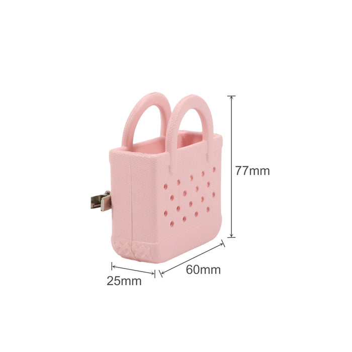 Mini EVA Holes Bag Clip - A pink mini EVA bag clip with two handles and perforated sides, measuring 77mm x 60mm x 25mm.