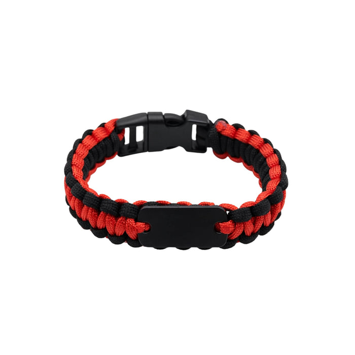 Paracord Bracelet with Metal Plate - A red and black paracord bracelet featuring a metal plate and a buckle clasp, with a simple woven design.