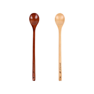 Long Handle Wooden Spoon - Two long handle wooden spoons in different shades, one dark brown and the other light yellow, with branding on the handles.