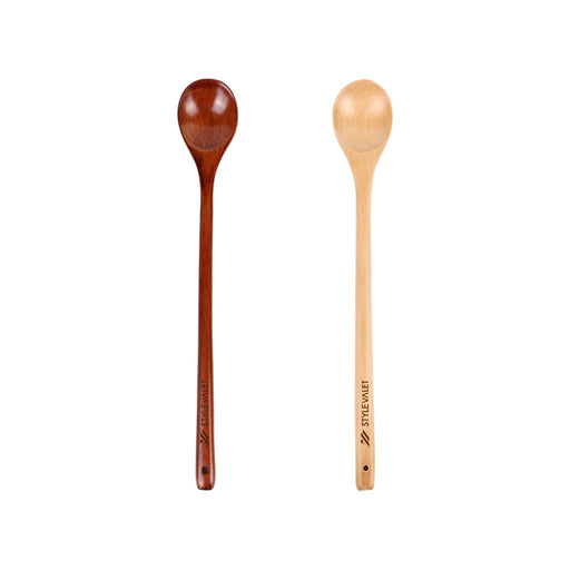 Long Handle Wooden Spoon - Two long handle wooden spoons in different shades, one dark brown and the other light yellow, with branding on the handles.