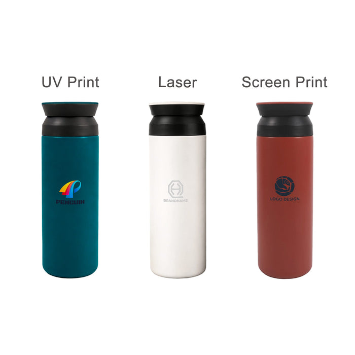 350ML/500ML Double Wall Stainless Steel Drink Bottle - A drink bottle with a double wall design, available in teal, white, and red, featuring a black lid and branding.