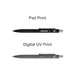 NFC Metal Ballpoint Pen - A black and grey NFC metal ballpoint pen with a logo, displayed with different print finishes above and below.
