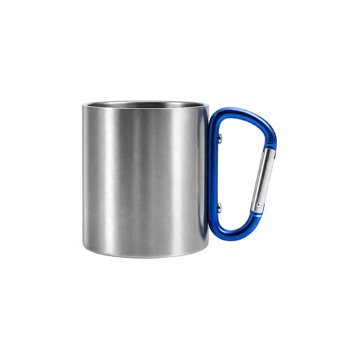 170ML/280ML Stainless Steel Insulated Travel Mug with Carabiner Handle - A drink bottle in stainless steel with a blue carabiner handle. It features a sleek, metallic finish.