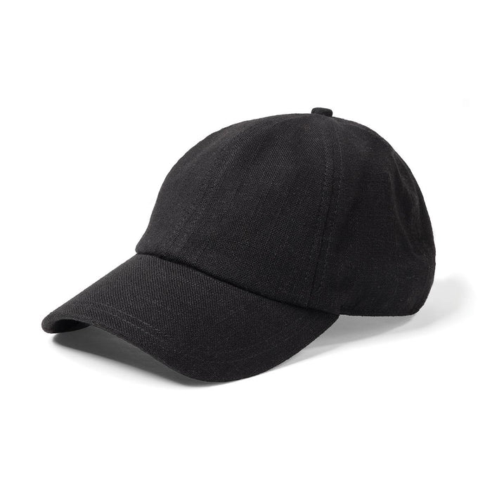Lennox Linen Cap - A black linen cap with a curved brim and a back adjustment feature, featuring a branding logo.