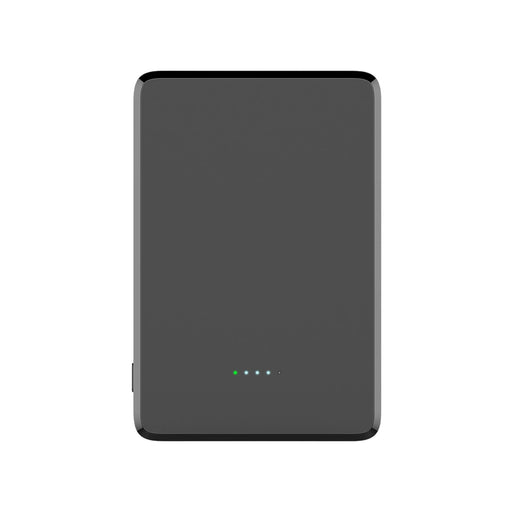 5000mAh Magnetic Wireless  Power Bank - A black 5000mAh magnetic wireless power bank with indicator lights and a sleek rectangular design.