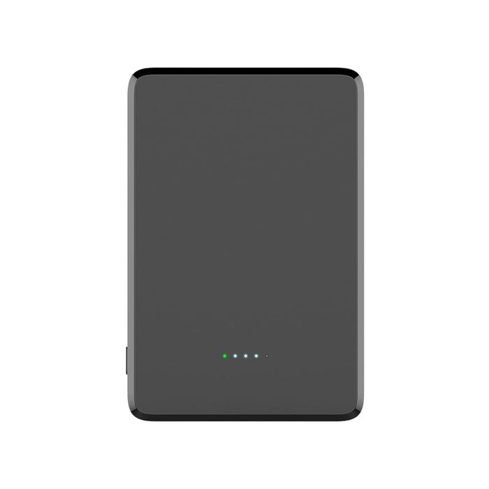 5000mAh Magnetic Wireless  Power Bank - A black 5000mAh magnetic wireless power bank with indicator lights and a sleek rectangular design.