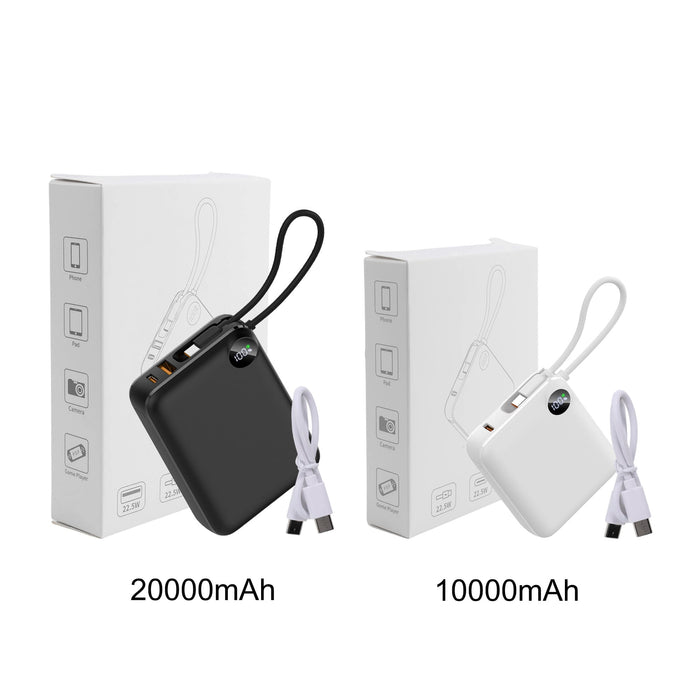 10000mAh Power Bank with Charging Cable - A black and white power bank with a cable, displayed beside their packaging. The black one is labelled 20000mAh and the white one 10000mAh.