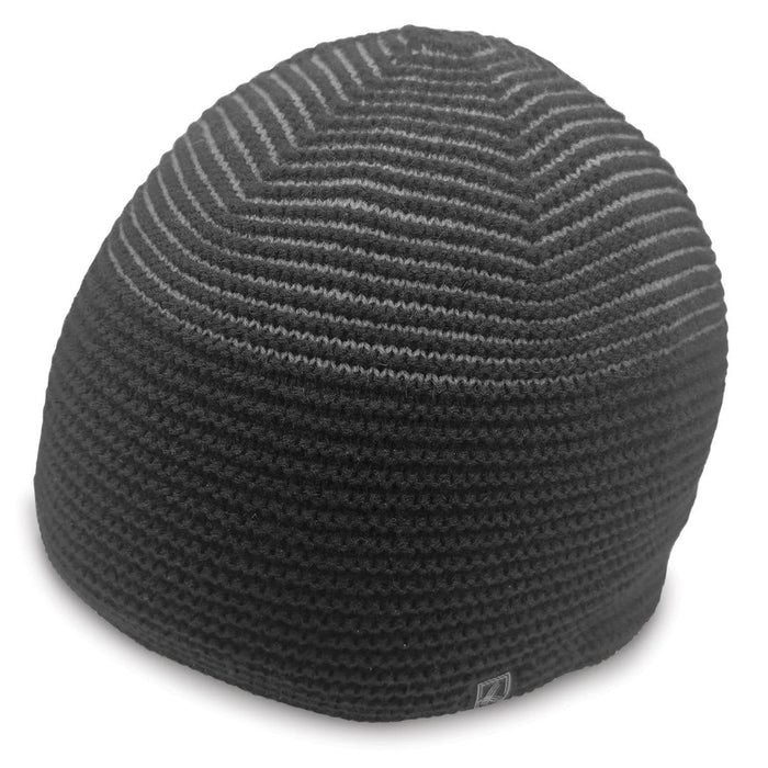 Ridge Beanie - A black and grey striped beanie with a logo, featuring a close-knit design for warmth.