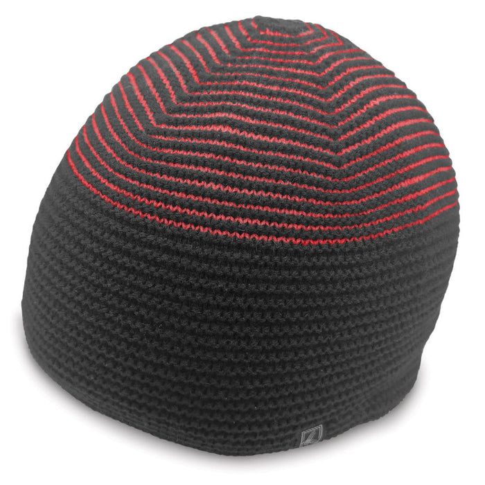 Ridge Beanie - A black and red striped beanie featuring a logo on the side, designed for headwear.
