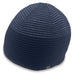 Ridge Beanie - A navy striped beanie with a logo, designed for headwear.
