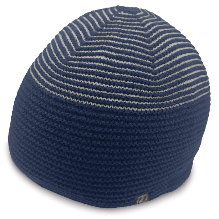 Ridge Beanie - A navy blue beanie with horizontal stripes and a small logo on the side.