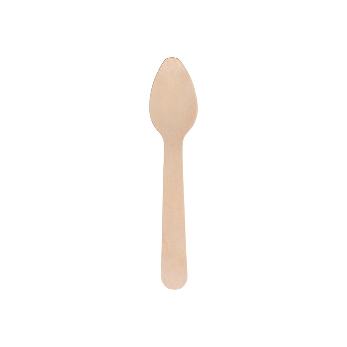 Pack of 100 Per Pack Disposable Birch Spoons/Forks (Small) - A small disposable birch spoon in a light beige colour, featuring a smooth, rounded design.
