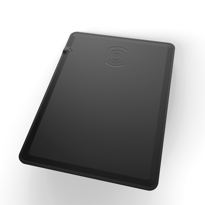 Wireless Charging Mouse Pad - A black wireless charging mouse pad featuring an embedded charging symbol. It has a sleek, rectangular design.