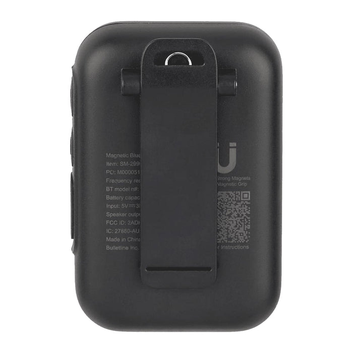 Clip Tune Magnetic Outdoor Bluetooth Speaker - A compact black Bluetooth speaker featuring a magnetic clip on the back for attachment and a logo on the side.