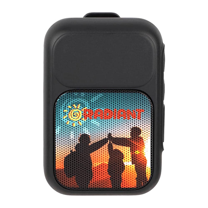Clip Tune Magnetic Outdoor Bluetooth Speaker - A black Bluetooth speaker featuring a colourful graphic with silhouettes of three people against a sunset background.