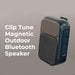 Clip Tune Magnetic Outdoor Bluetooth Speaker - A black and grey Bluetooth speaker with a magnetic back and control buttons, featuring a mesh speaker grille.
